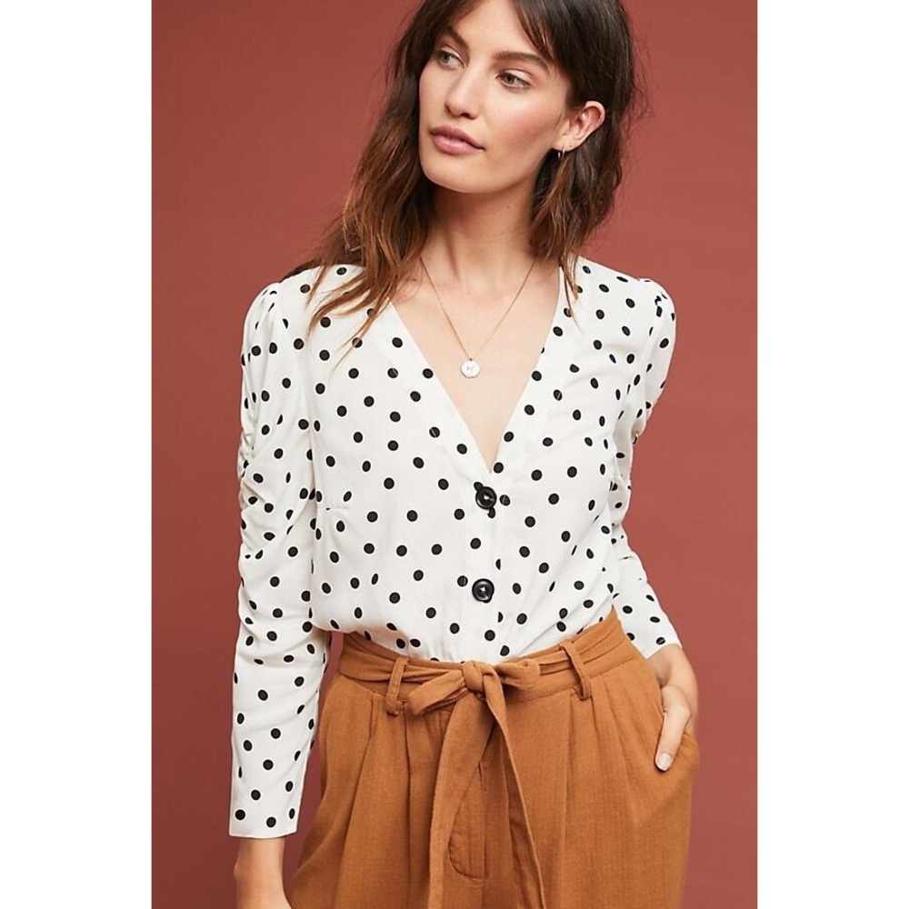 Maeve Anthropologie Jourdain Blouse Size Small Polka Dot V Neck Ruched Sleeve
